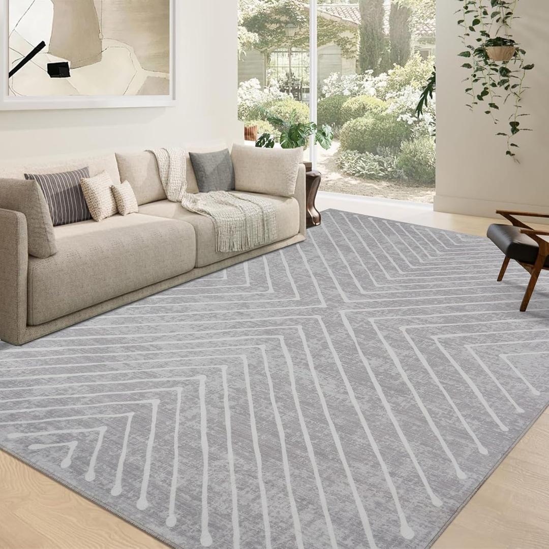 Area Rug 9x12 Living Room Rug Non Slip Modern Bedroom Stain Resistant Dining Room Throw Rug Geometric Area Rug Low Pile Untra Soft Contemporary Accent Carpet for Home Office, Grey
