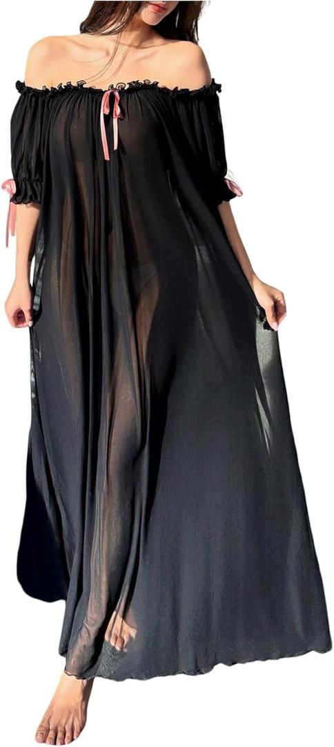 OYOANGLE Women's Off the Shoulder Sheer Nightgowns Bow Short Puff Sleeve Maxi Nightdress Sleepwear (Medium, Black)