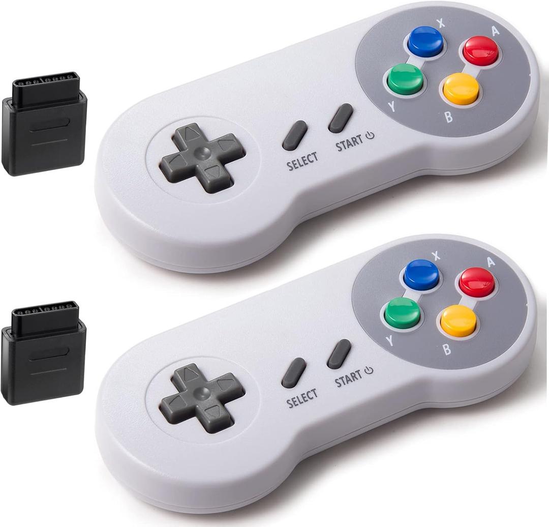 KIWITATA 2 Pack Wireless Controller for SNES Original Console, 2.4GHz Rechargeable Wireless Remote Gamepad for SNES Nintendo Entertainment System Console-7 Pin Connector (Colorful button)