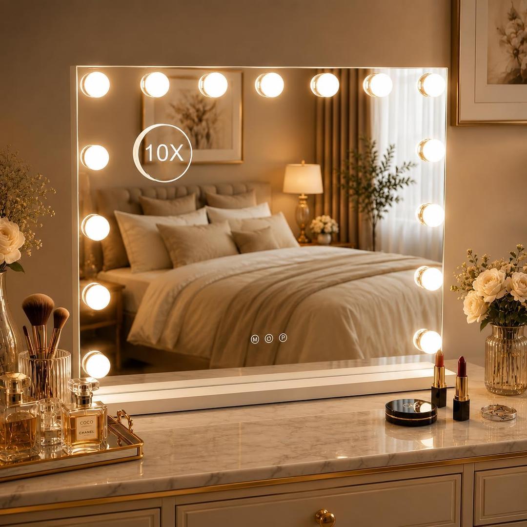 Makeup Vanity Mirror with 15 Dimmable LED Bulbs，23"x18" Large Vanity Mirror with 3 Color Lights，Detachable 10X Magnifying Mirror，White Vanity Lighted Mirror for Tabletop and Wall Mounted