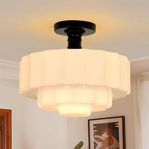 13.8" Milk Glass Ceiling Light, Semi Flush Mount Ceiling Light