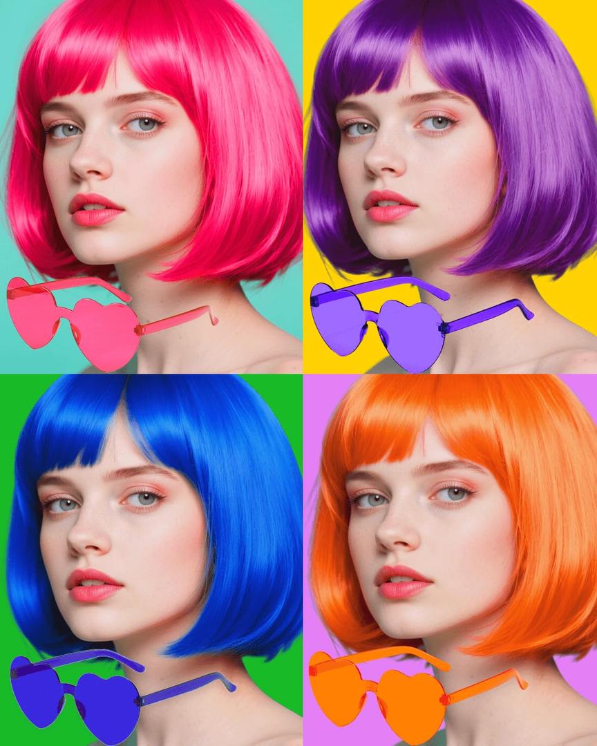 Colorful Wigs with Sunglasses for Costume Party Cosplay Short Neon Colored Wigs Synthetic Hair Bob Wigs for Bachelorette Party Halloween Christmas
