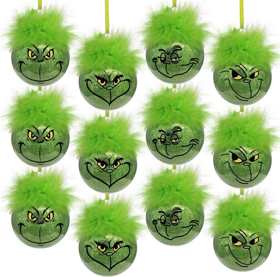 Christmas Decorations Indoor: 12pcs Cute Green Elf Christmas Tree Ornaments with Fuzzy Hair, Hanging Thief Monster Xmas Balls for Tree Fireplaces Garland, Kids Home School Office Decor