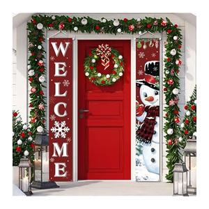 Tiamon 2 Pcs Christmas Door Banner for Front Porch Winter Snowman Welcome Banner for Merry Xmas Holiday Door Wall Hanging Decor Supplies Indoor Outdoor