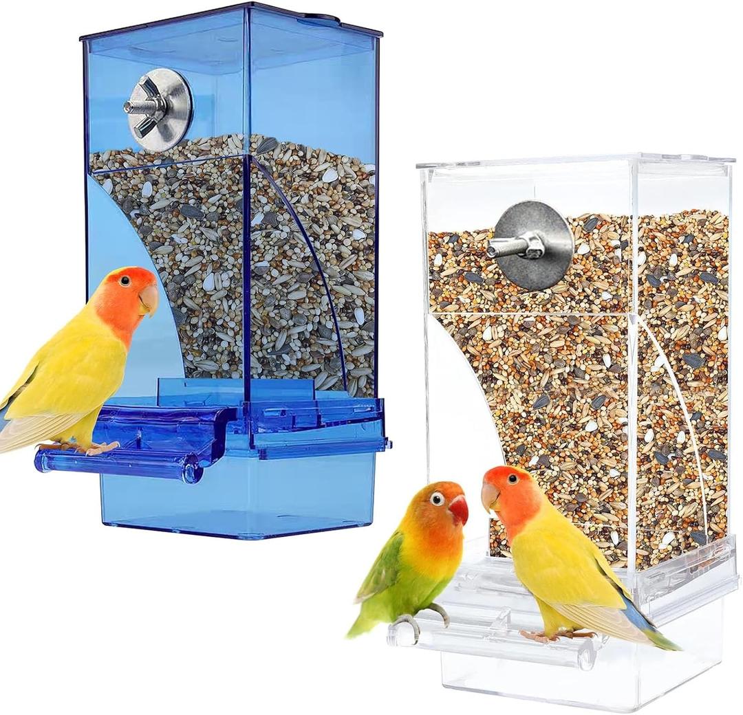 kathson No-Mess Bird Cage Feeder Automatic Parrot Feeders Seeds Container Acrylic Finch Foraging Feeders Parakeet Food Dispenser Cage Accessories for Small Birds Canary Budgie Lovebirds (Blue+Clear)