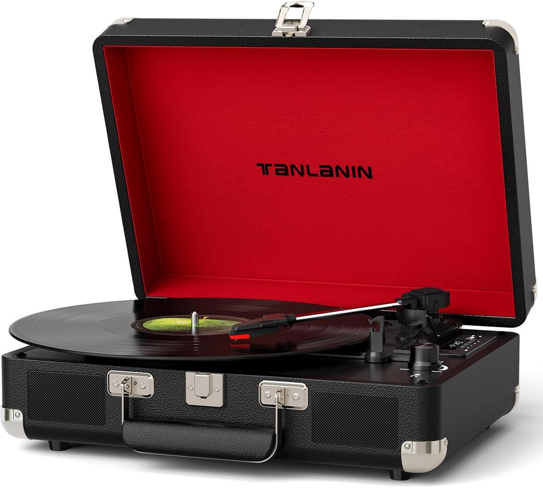 TANALNIN Vinyl Record Player, 3-Speed Bluetooth Portable Suitcase Turntable with Built-in Speakers, USB Recording, RCA Output, AUX Input/Output, Vintage Vinyl Player for Home, Bedroom or Gifting,Black