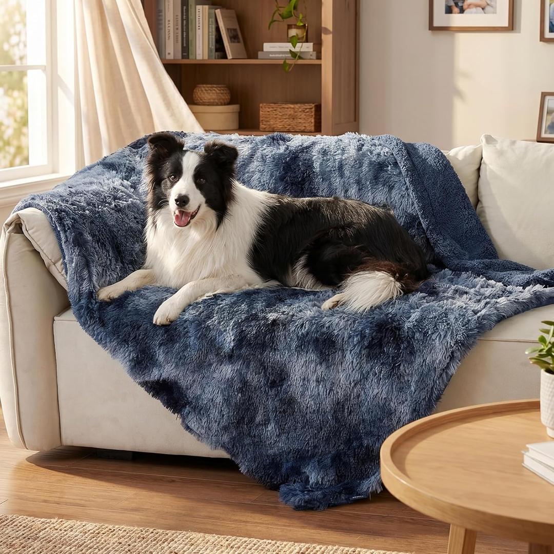 Bedsure Dog Blankets for Large Dogs, Fluffy Waterproof Dog Blanket for Couch Protector and Bed Washable, Fuzzy Faux Fur Pet Throw Blankets for Calming, Dog Accessories, XL, 5060 inch, Tie-dye Navy