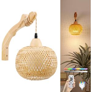 NIORSUN Boho Wall Sconce, Wireless Rechargeable Battery Powered with Vintage Woven Design for Bedroom, Living Room, Dimmable LED with 3 CCT and 6 RGB Solid Color, Timer, Easy Install