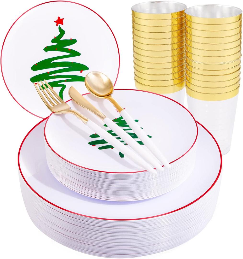 Supernal Christmas Plastic Plates, Gold Plastic Cutlery 180pcs Elegant Disposable Dinnerware with White-Gold Knives/Forks/Spoons, Gold Rim Clear Tumblers, Premium Christmas Tableware for 30 Guests
