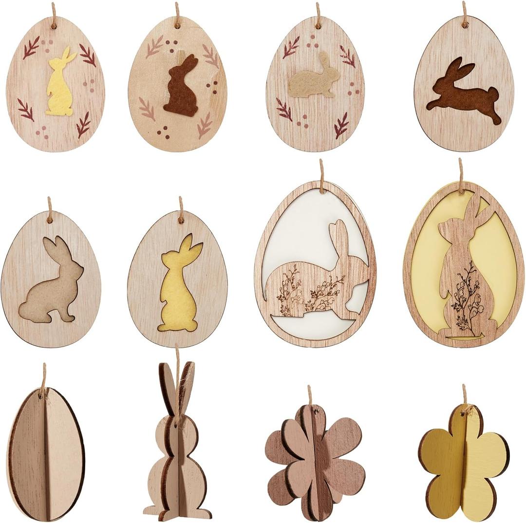 DN DECONATION Easter Hanging Ornaments, Rustic Wooden Bunny & Egg Decor with Embossed Pattern - Farmhouse Holiday Spring Tree, Table & Door Decorations DIY Gift Set of 12 (Brown, White and Yellow)