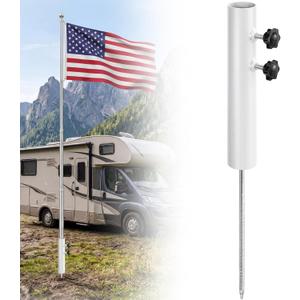 Heacy Duty Flag Pole for Outside House in Ground, 12" Extended Tip Metal Graden Flag Pole Holder, Ground Mount Stake for 1.77" Dia Pole, Adjustable Flagpoles Mount, White