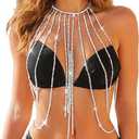 REETAN Silver Rhinestone Chest Chain Bra Fashion Sparkly Body Jewelry for Women