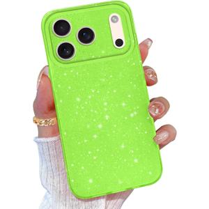 Compatible with iPhone 17 Pro Case Glitter, Cute Sparkly Bling Phone Case for Women Girls Girly, Neon Bright Color Slim Soft Phone Cover for iPhone 17 Pro, Green