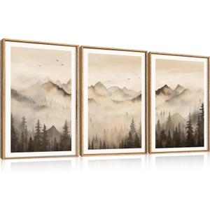 Nature Misty Forest Framed Canvas Wall Art Set, Foggy Landscape Wall Decor, Watercolor Pine Tree Wall Painting, Large Mountains Art Print for Living Room, Bedroom, Office - 24"X36"X3