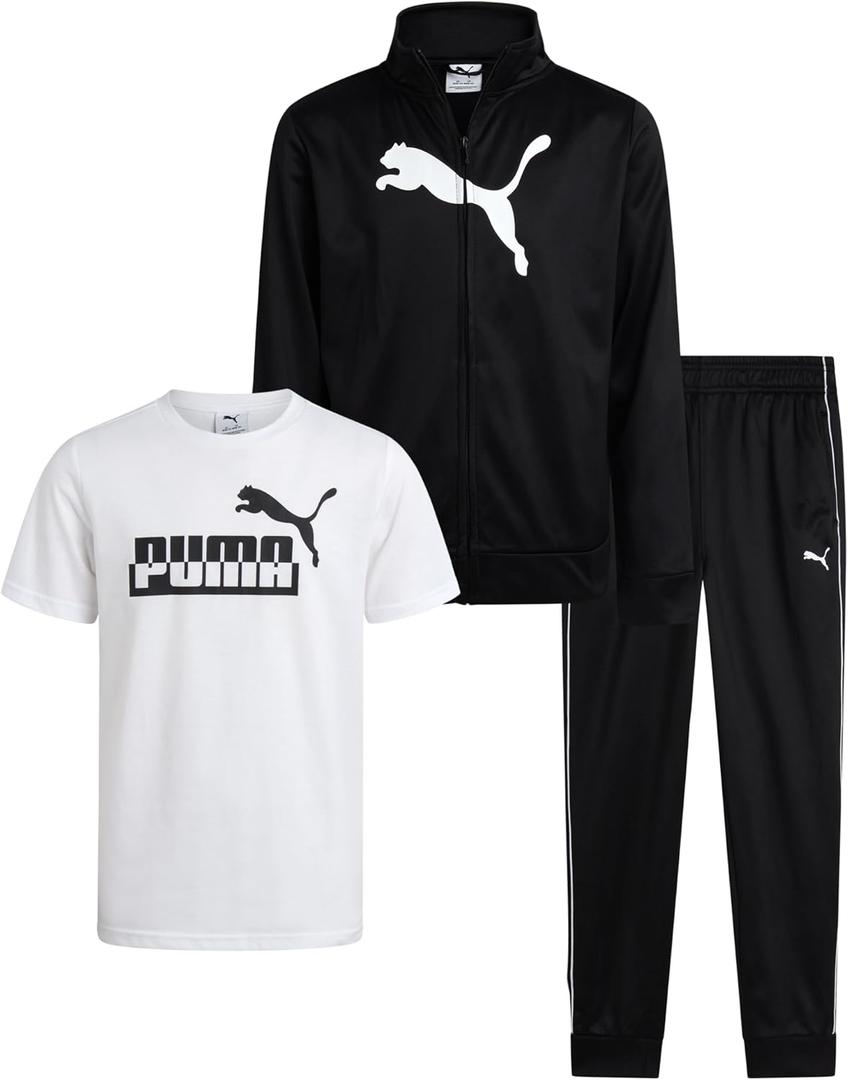 PUMA Boys Pants Set - 3 Piece Athletic T-Shirt, Zip Up Jacket, Jogger Pants - Boys Activewear Tricot Jogset (8-16) (10-12, White/Black Core)