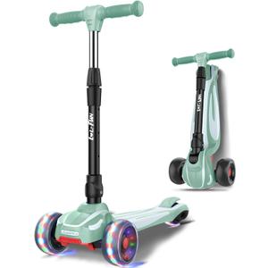 LOL-FUN Toddler Scooter for Kids Ages 3-12 Years Old Boy Girl with 3 Wheel LED Lights, Extra-Wide Childrens Foldable Kick Scooter Kids Ages 3-5 with 4 Adjustable Height and Lean-to-Steer (Mint Green)