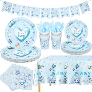 25 Sets Blue Baby Boy Birthday Decorations - Baby Boy Shower Party Supplies Its a BOY Banner Paper Plates Napkins Cup Tableware Tablecloth Party Supplies
