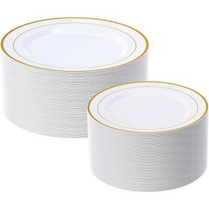 FOCUSLINE Gold Plastic Plates Set of 60, Disposable Plates with Gold Rim 30 Dinner Plates 10" and 30 Salad Dessert Appetizer Plate 7", Elegant Fancy Heavy Duty Wedding Party Plates