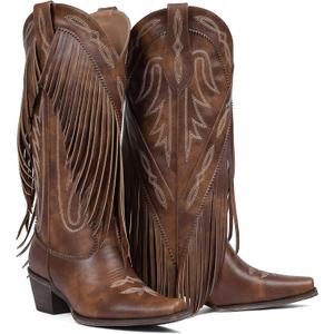 Mattiventon Cowboy Boots for Women Fringe Knee High Cowgirl Western Boots with Classic Embroidery Pointed Toe Chunky Heel for Weddings Parties (9.5, Brown)