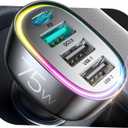 75W Car Charger USB C for iPhone 17, 4-Port Super Fast Cigarette Lighter Adapter, PD 60W & QC 3.0 for Multiport Car Phone Charger Accessories iPhone 17 Pro/16/15/14/13 Series, for Samsung S25, Android