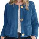 Balimtoy Women’s Cropped Sweater Jackets Cute Crewneck Button Down Long Sleeve Crop Knit Cardigan with Pocket Blue XL