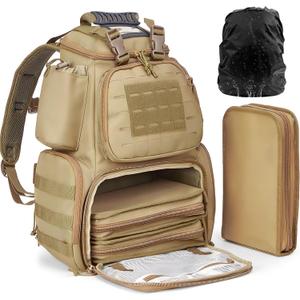 Tactical Pistol Backpack with 3 Pistol Cases, Range Backpack with Rain Cover for Shooting and Hunting (Khaki)