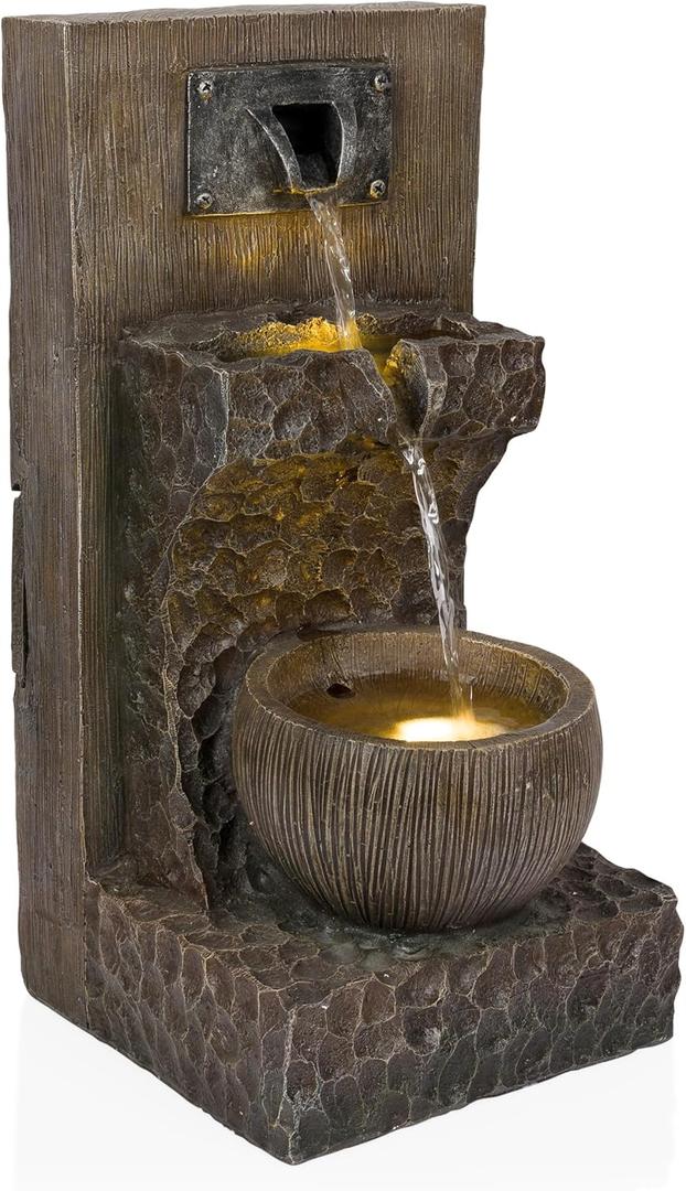 Alpine Corporation ZDQ108 Indoor/Outdoor Floor 3-Tier Fountain with LED Lights, Cascading Garden Water Fountain, 20" H, Brown