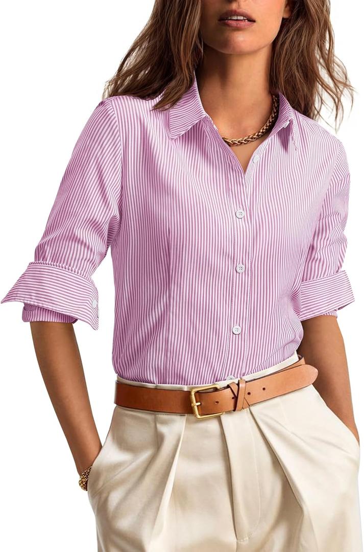 siliteelon Striped Button Down Shirts for Women Dress Shirts Long Sleeve Collared Casual Office Work Blouses Tops (Large, Pink)