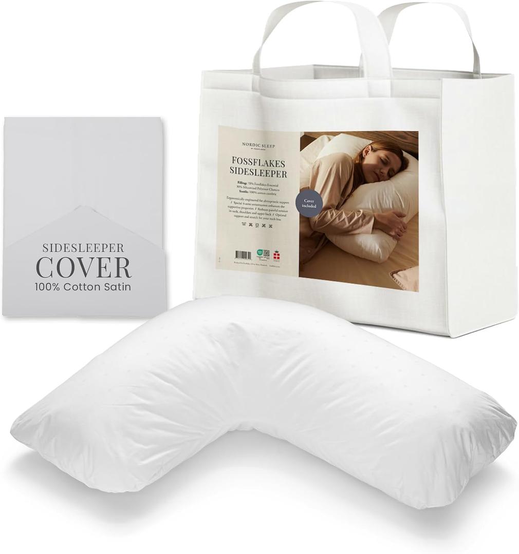 FOSSFLAKES Side Sleeper Pillow L-Shaped with Cover Ergonomic Contour Cushion for Body Alignment Orthopedic Support, Luxury Breathable Bedding By Nordic Sleep, One Size, Size: Sidesleeper Firm