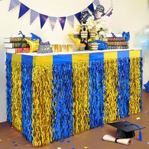 Mega-L 2025 Graduation Party Decorations, 2 Pack Blue Gold Wavy Metallic Tinsel Foil Fringe Table Skirts for Rectangle and Round Table, Decorations for Class of 2025, Prom and Grad Party Decor