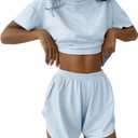 Ciaotin Women 2 Piece Pajama Sets Cute Stripe Short Sleeve Tee Top and Split Shorts Lounge Set Sleepwear Pjs Home Loungewear Blue (Blue, S)