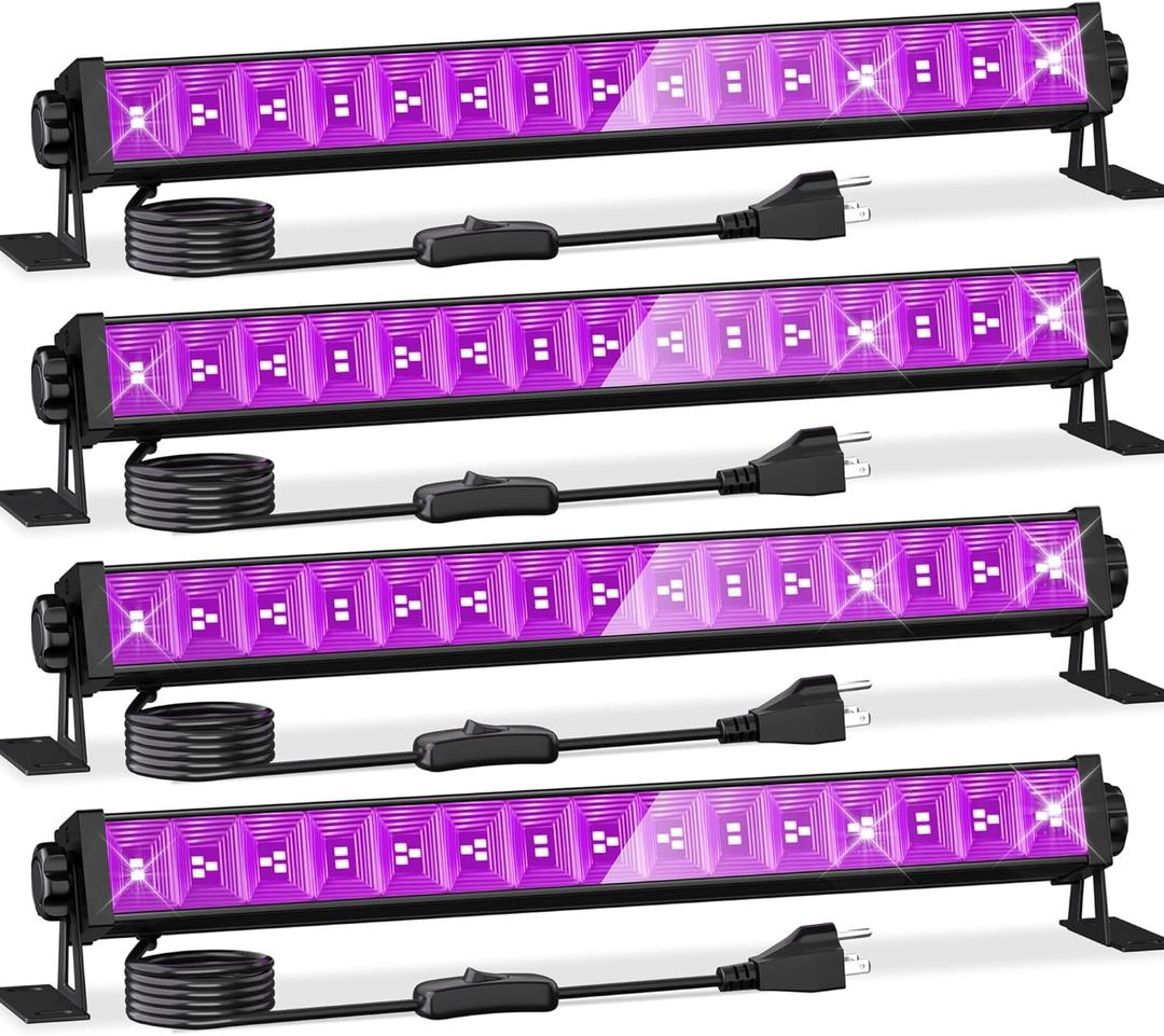 4 Pack LED 42W Black Lights, Blacklight Bars with Plug+Switch+6ft Cord, Light Up 24x24ftx4, Blacklight for Glow Party, Fluorescent Poster, Body Paint, Halloween Decorations, Bedroom, Stage