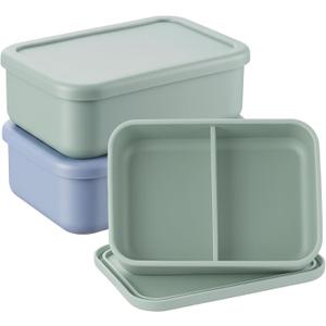 Layhit 2 Pcs Silicone Bento Box for Adults, 27 oz Bento Lunch Container Reusable 2 Compartment Lunchable Food Container for Women Men, Leak Proof Microwave Dishwasher Freezer Safe (Gray Blue,Green)