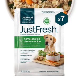 JustFoodForDogs JustFresh Wet Dog Food, Fresh Pet Meals and Toppers with No Preservatives, Resealable Package, Human Grade, Home-Cooked Chicken, 12 oz - 7 Pack, Best By: OCT 21, 2027