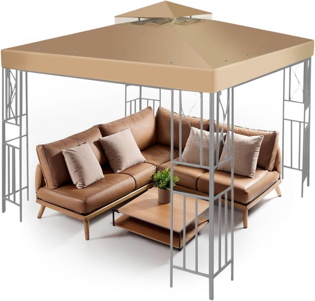 Flexzion 12' x 12' Gazebo Canopy Top Replacement Cover (Beige) - Dual Tier Up Tent Accessory with Plain Edge Polyester UV30 Protection Water Resistant for Outdoor Patio Backyard Garden Lawn Sun Shade