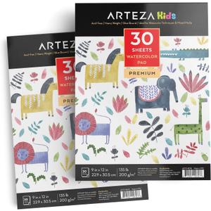 ARTEZA Watercolor Paper for Kids, 2 Pack, 30 Sheets Each, 9x12 Inches Water Pad, 135lb/200gsm, Glue Bound, Acid Free Kids Paper