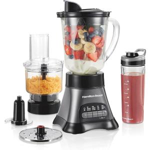 Hamilton Beach Blender and Food Processor Combo  40oz Glass Jar, Portable Travel Cup, 3-Cup Electric Food Chopper, 700W  Gray/Black (58163)