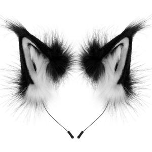 Handmade Fox Wolf Cat Ears Headband Furry Animal Cosplay Costume accessory for Halloween Party Festival (Blackwhite)
