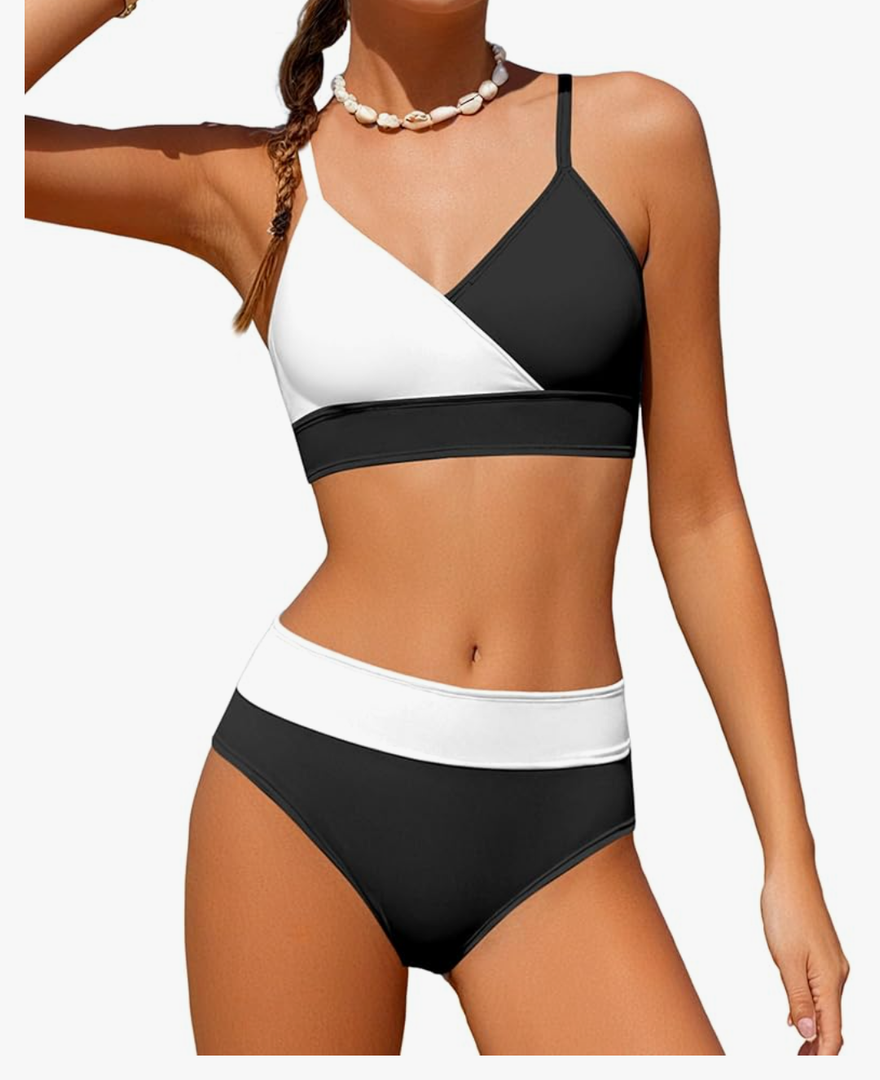Girls Swimsuit V Neck Bikini Set Color Block with Cover Up 3Pcs Bathing Suits, 11-12Y