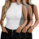 Xaatren 3 Pack Women's Sleeveless Mock Turtlenecks Shirts, Ribbed Stretch Slim Fitted Tank Top Basic Lightweight Bustier Tee (Medium, Light Gray, White, Black)