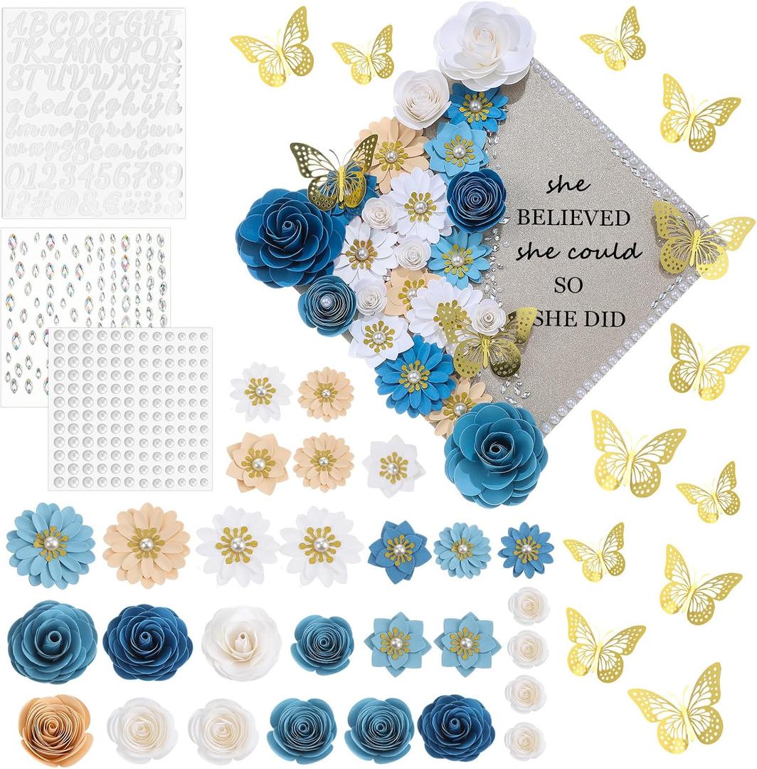 Thiccywoov 43 Pcs Graduation Cap Decorations Kit Includes Artificial Flowers Faux Flower Heads 3D Butterfly Stickers Pearl Rhinestones Glitter Stickers for Grad Cap Topper DIY Graduation Gift(Blue)