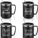 Sumind Thank You Gifts 17 oz Employee Inspirational Stainless Steel Coffee Mugs with Handle Lid Straw for Women Volunteer Teachers(Black,4 Pcs)