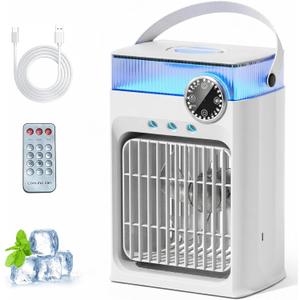 Portable Air Conditioner with Remote Control,1200ml Evaporative USB Mini Air Cooler Conditioner RGB 8 LEDs, 3 Speed 3 Spray Mode,2-8H Timer Small Portable Ac Unit for Home Bedroom,Pearl White