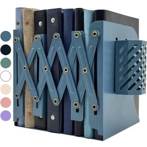 Kingsmile Book Ends, Adjustable Bookends for Shelves, Metal Bookends for Heavy Books, Book Stopper Organzier with Pen Holder for Desk, Kids Room, Office, Classroom, Library, Study Room (Blue)