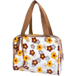 TotePrint Clear Floral Hand Bag and Travel Cosmetics Pouch with Handle,Durable Waterproof PVC Versatile Smooth Zipper Design (Yellow+Brown)