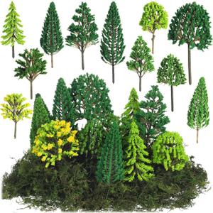 Tigeen 28 Pcs Model Trees Mixed Model with 1.4 Ounce Faux Green Moss Decor Tree Train Scenery Architecture for DIY Crafts, Building, Scenery Landscape(Spring Green)