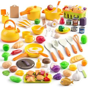 118Pcs Mini Play Kitchen Accessories for Kids, Pretend Cooking Playset with Cookware, Tableware & 2 Fruit Sets, Learning Gift for Girls, Boys, Toddlers, Yellow