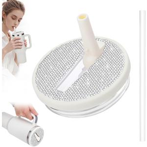 SAVORI 40 oz Tumbler Flip Straw Lid Replacement fit for Stanley Quencher H2.0, Rhinestone 40 oz Leak Proof Lid for Stanley Tumber, Non Spill Lids for Stanley Cup (Cream-White Rhinestone, 40 oz)