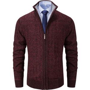 XinYangNi Men's Cardigan Sweaters Full Zip Up Stand Collar Slim Fit Casual Knitted Sweater with 2 Front Pockets (X-Large, Wine Red000)