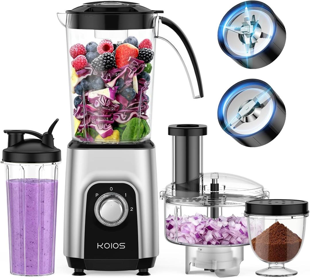 KOIOS Blender/Food Processor Combo Max 1000W, 4 in 1 34oz Pitcher, 22oz Travel Cup, Meat Grinder & Vegetable Chopper, Spice Grinder,BPA Free -All-in-One Kitchen System, Dishwasher Safe